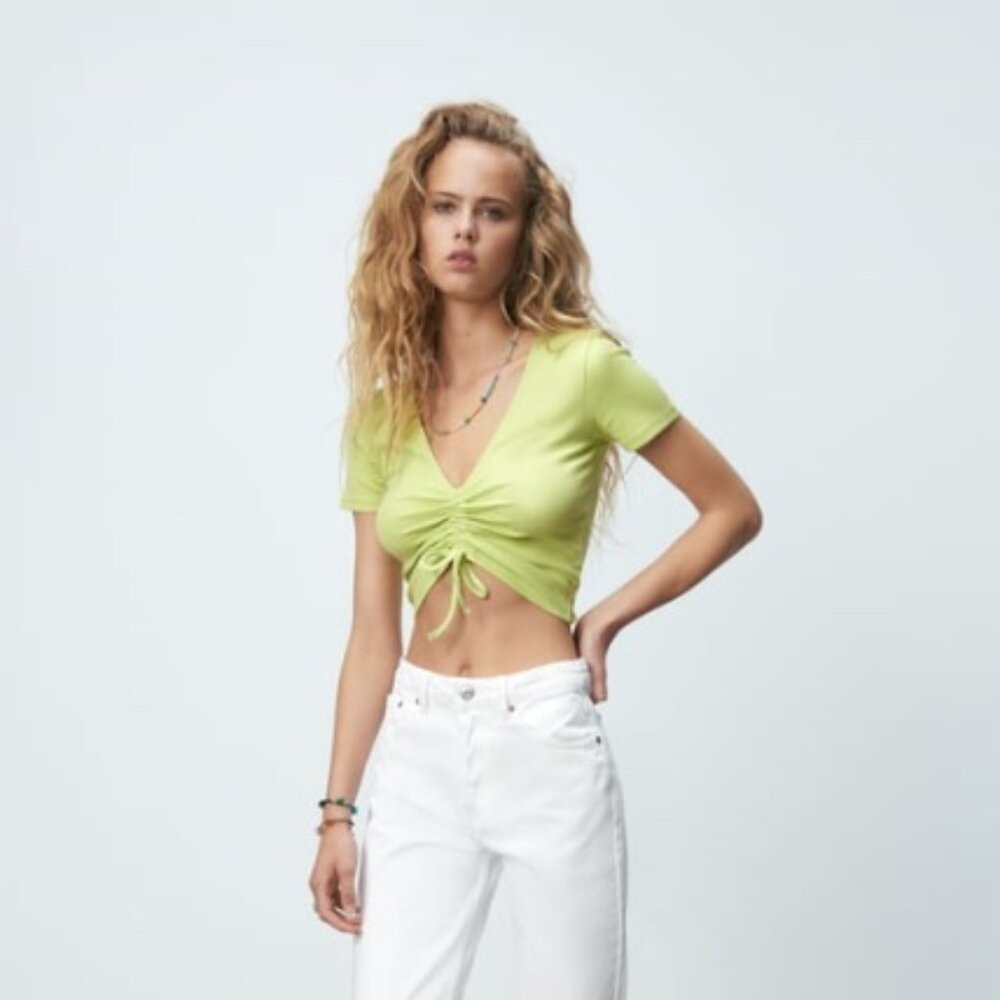 Zara cropped ruched ribbed top (lime green, size medium)